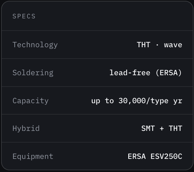 THT assembly and wave soldering.